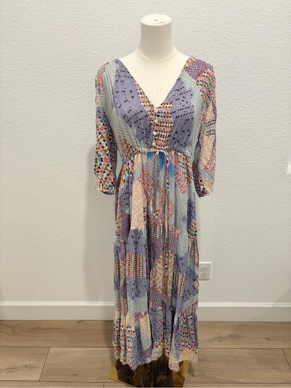 Jaase Lavender Patchwork Maxi Dress with Drawstring Waist size large